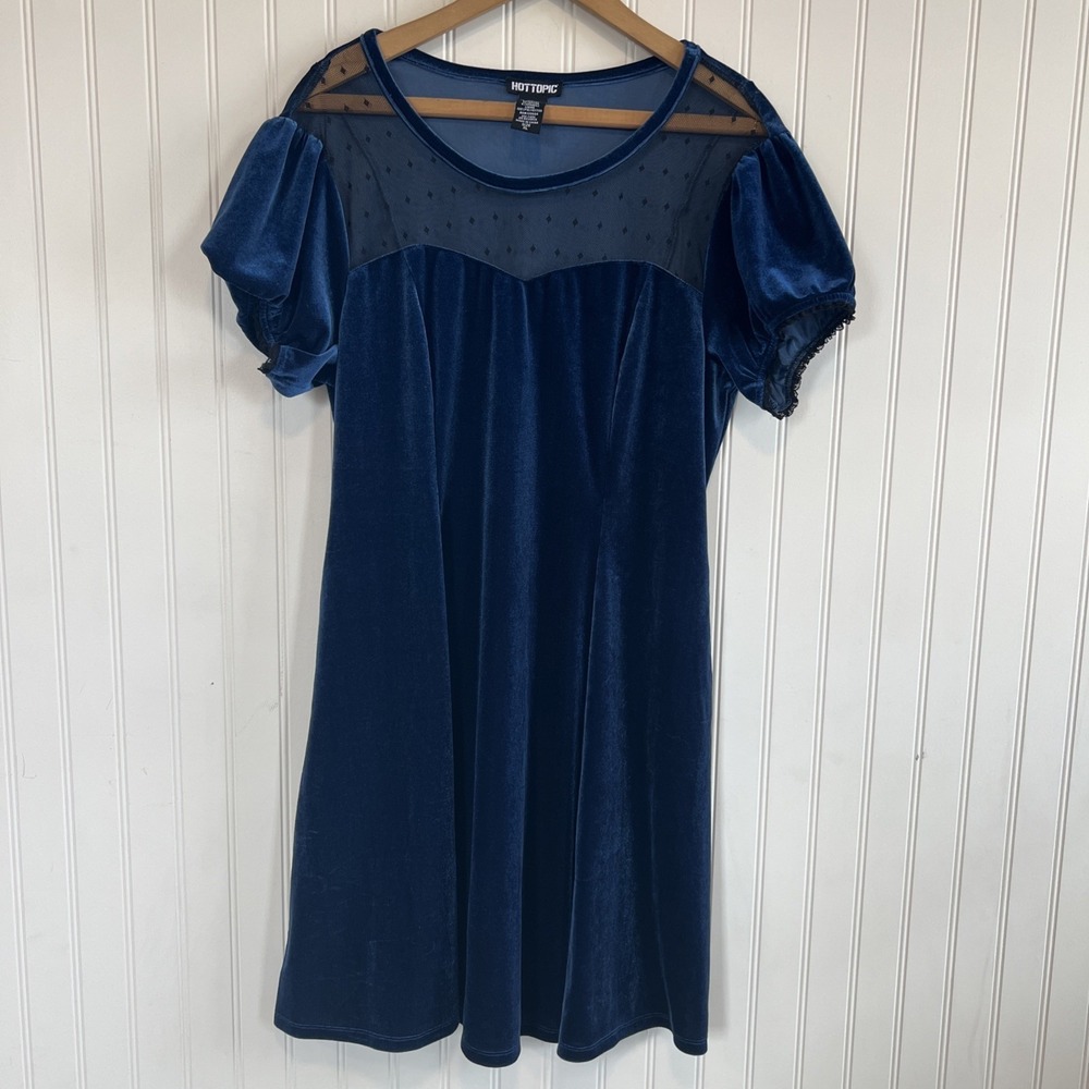 Hot Topic 90S Mall‎ Goth Velvet Mini Dress Blue Black Mesh XL stretchy